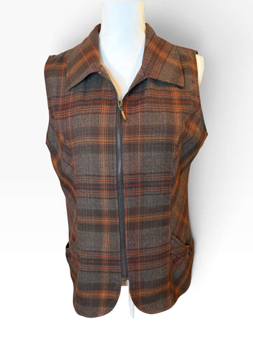 Women’s Plaid Zip Front Vest Charcoal Rust Tartan Tailored Sleeveless Top